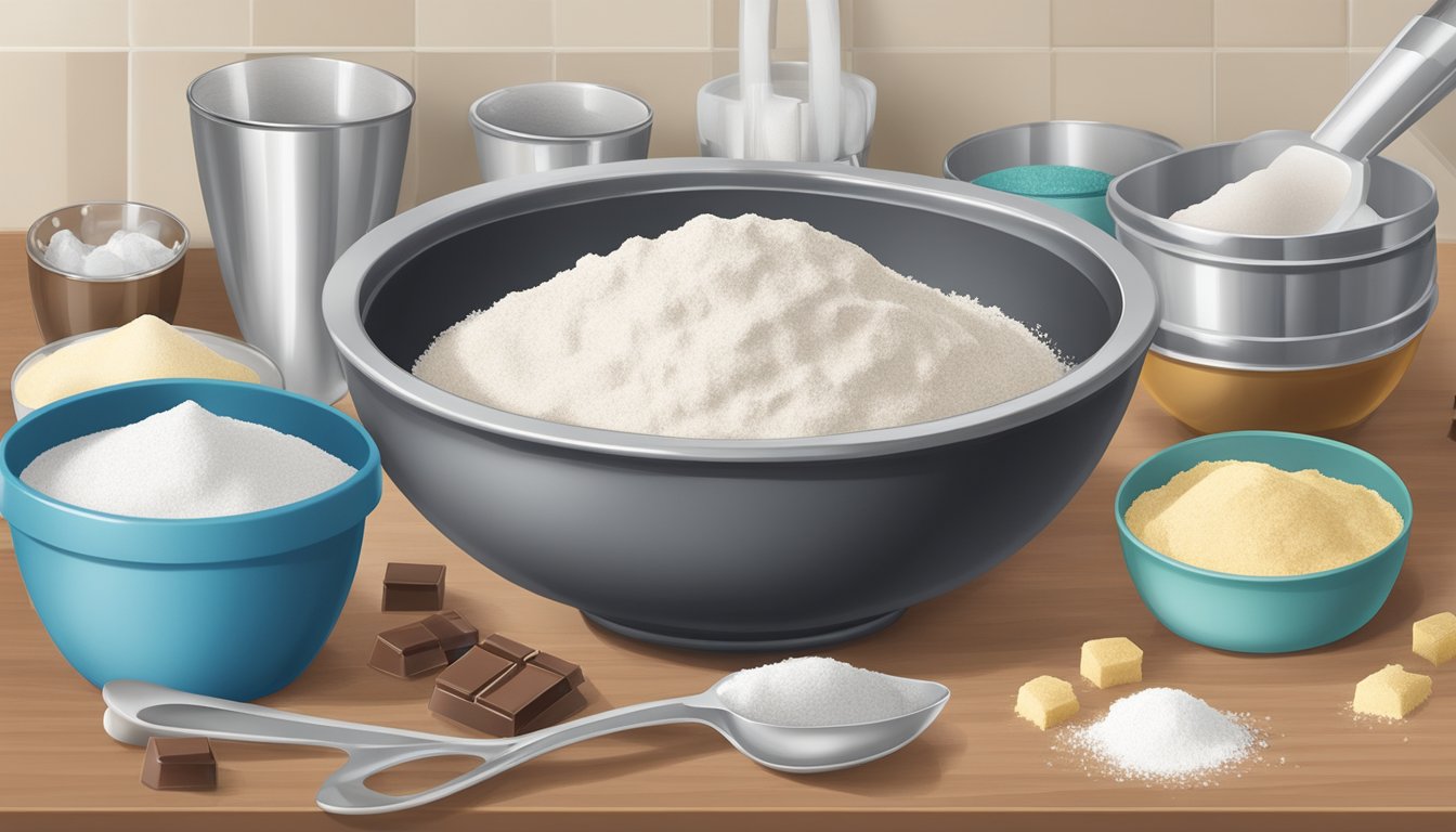 A mixing bowl filled with flour, sugar, and chocolate chips sits on a kitchen counter next to measuring cups and spoons