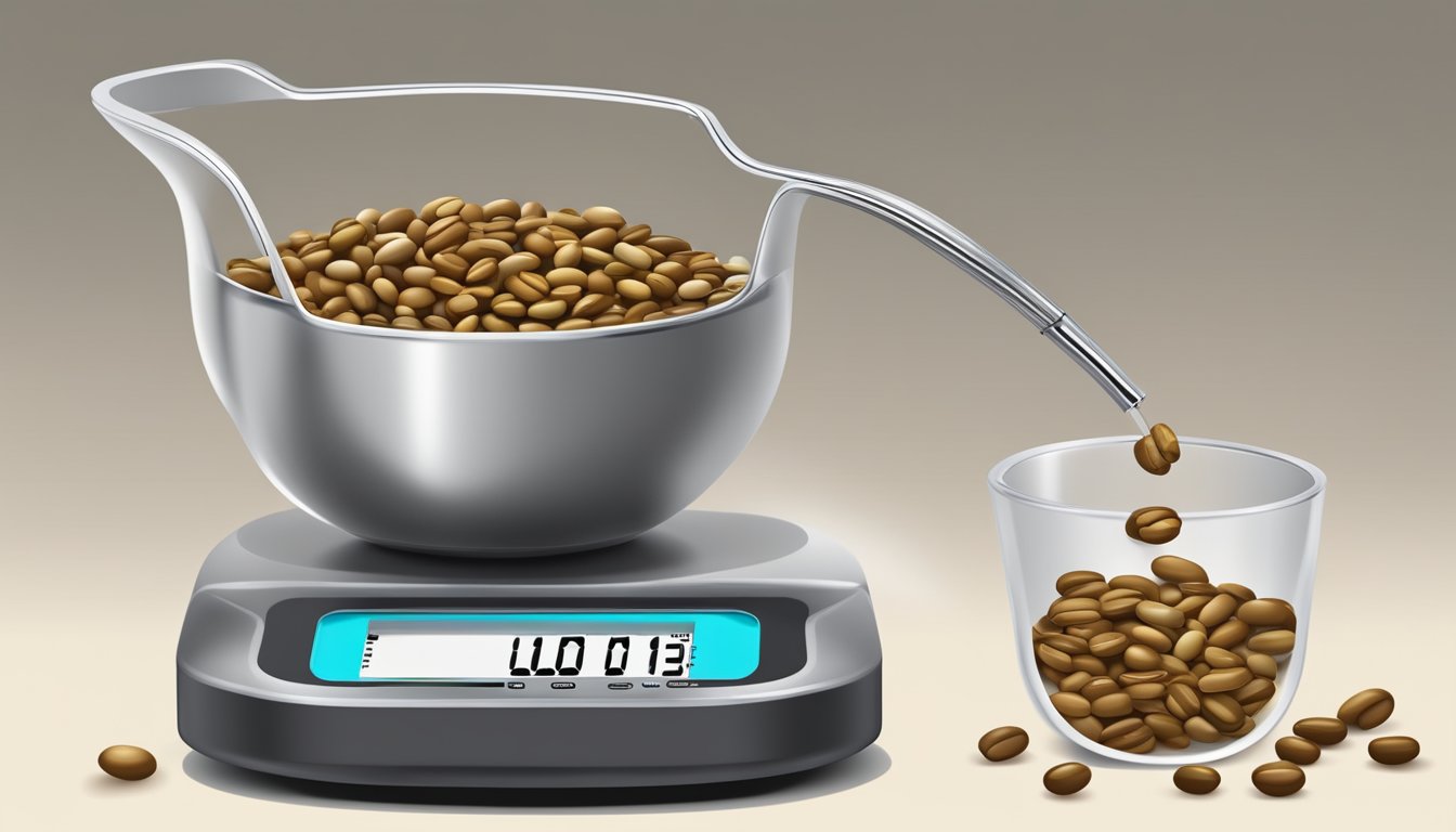 A measuring cup pouring dry beans into a scale, with the weight showing one pound