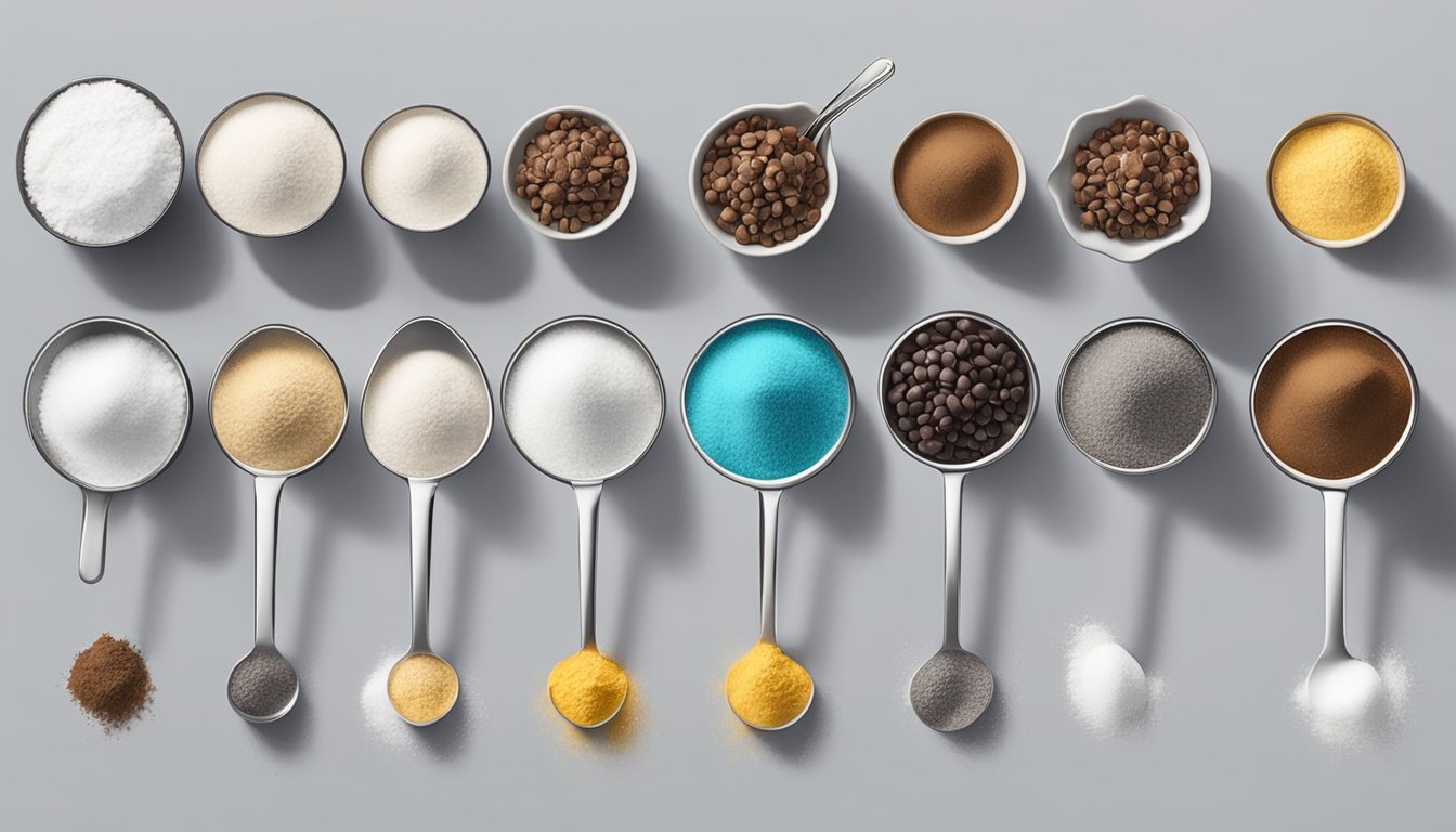 A set of measuring cups and spoons arranged neatly next to bowls of flour, sugar, and chocolate chips on a kitchen counter