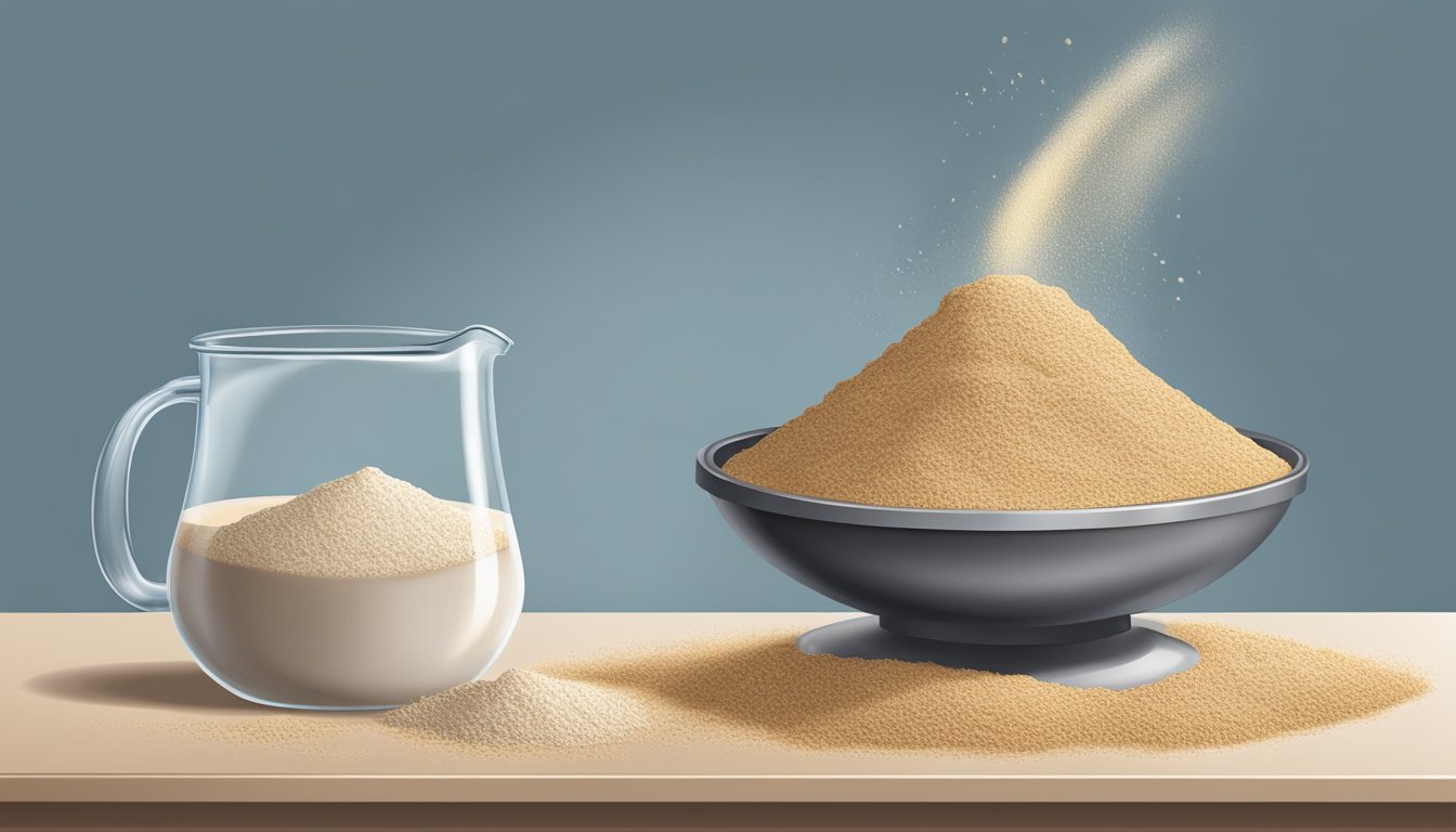 A mound of buckwheat flour spills from a measuring cup onto a scale, reaching the one-pound mark