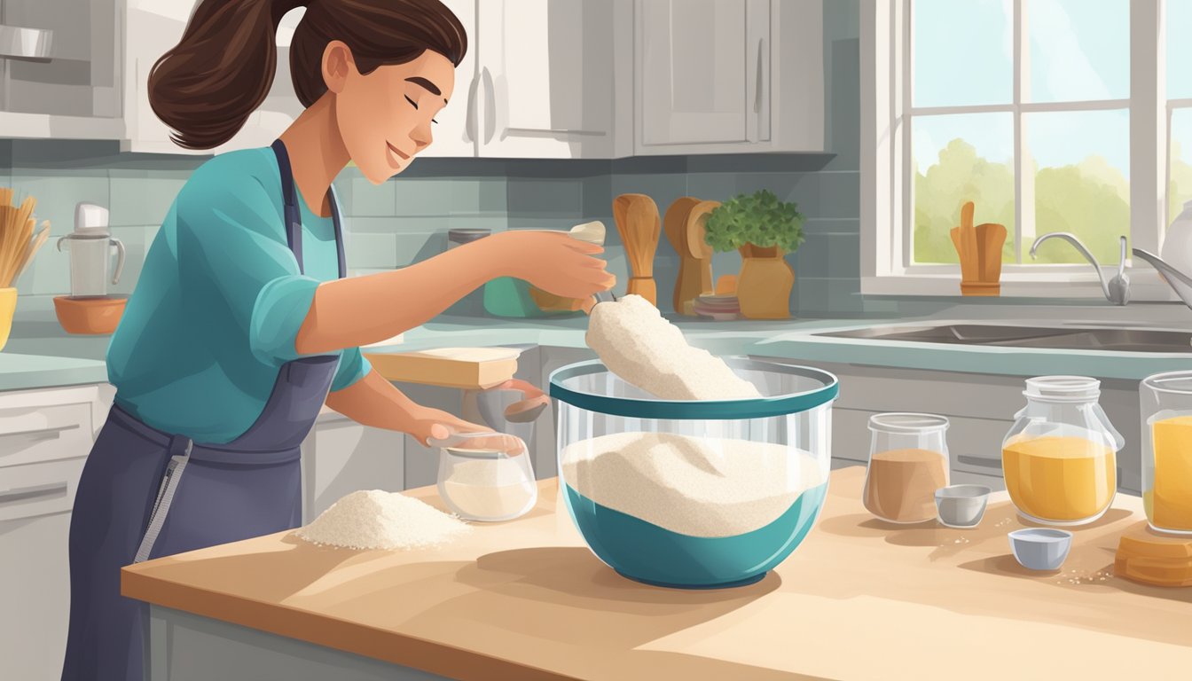 A person measuring flour and sugar into a mixing bowl with a measuring cup and spoon on a kitchen counter