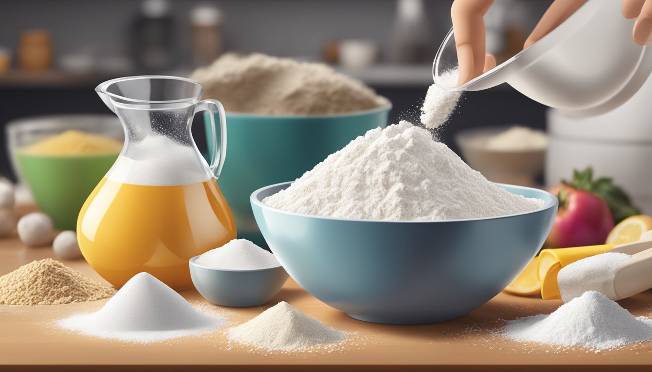 A measuring cup pouring flour into a mixing bowl, with sugar and other ingredients arranged nearby on a countertop