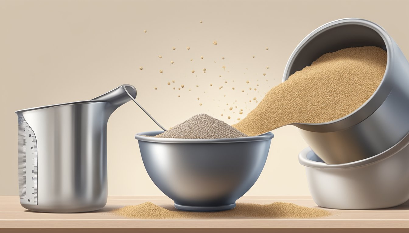 A pound of buckwheat flour pouring into a measuring cup, with tablespoons lined up beside it for comparison