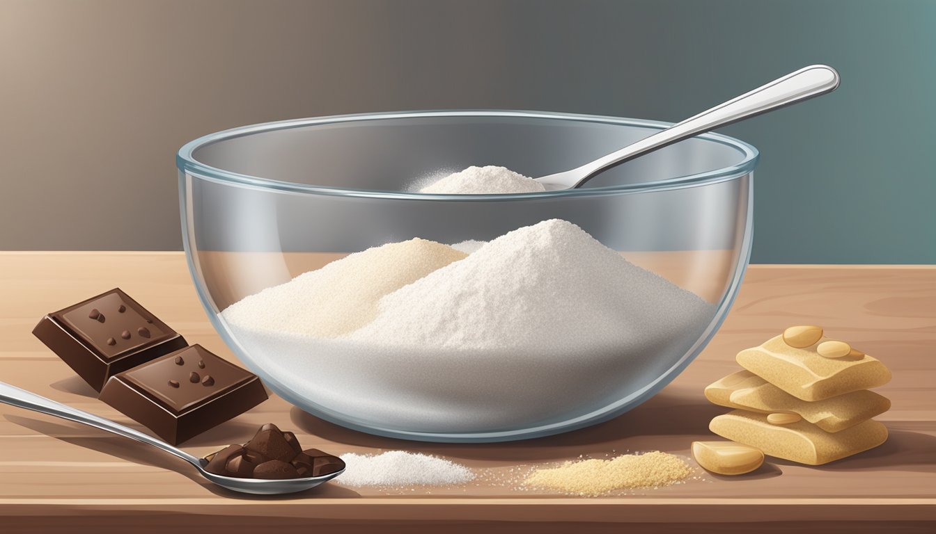 A clear glass bowl filled with flour, sugar, and chocolate chips sits on a wooden table next to a measuring cup and spoon