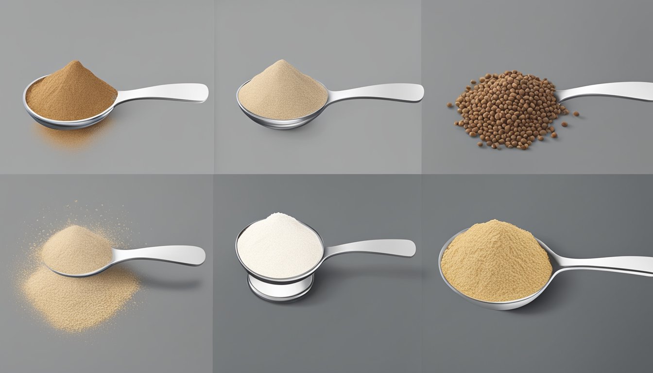 A pound of buckwheat flour pouring into a measuring spoon, with several tablespoons lined up next to it for comparison