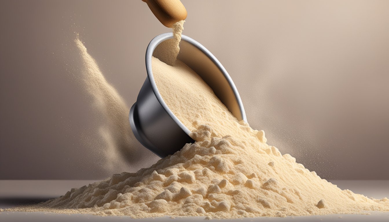 A pound of bread flour pouring into a pile, with several tablespoons scattered around it