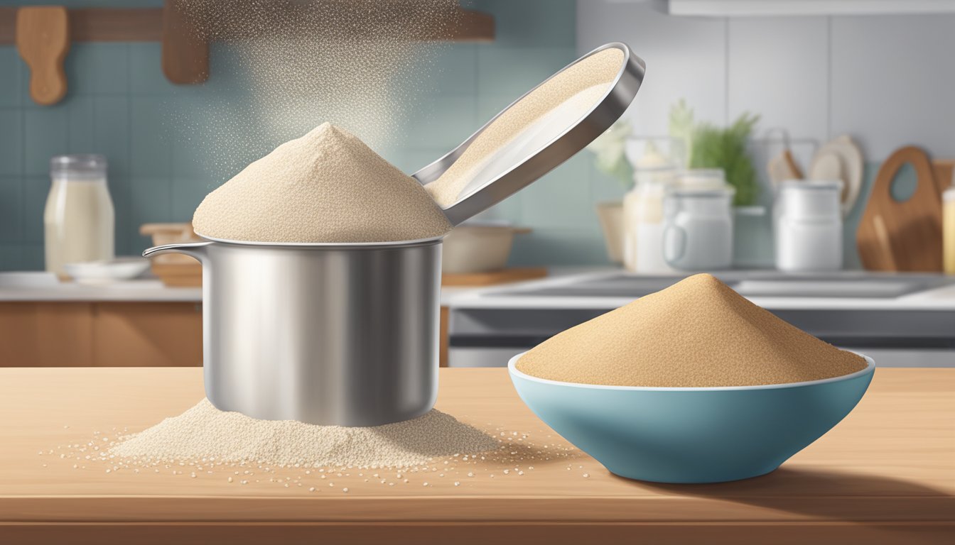 A pound of buckwheat flour spilling out of a measuring cup onto a kitchen counter