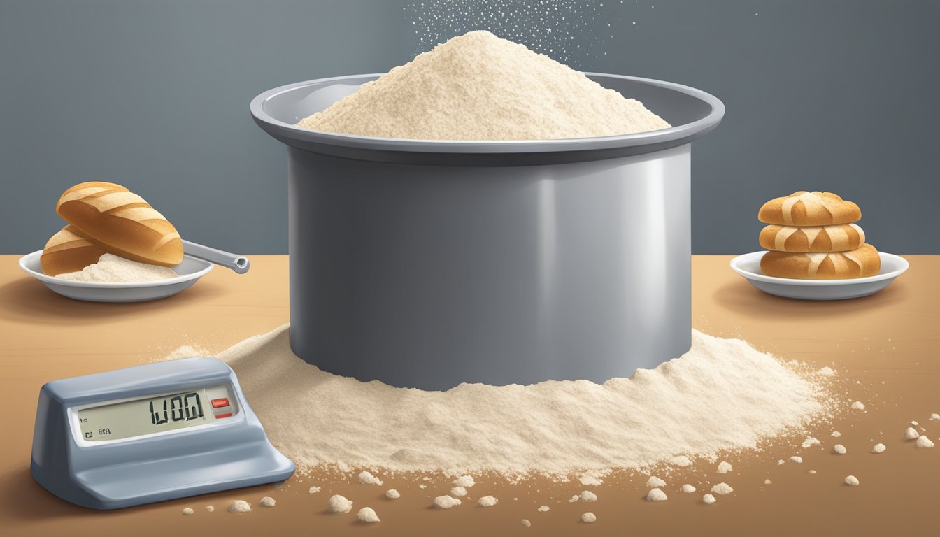 A mound of bread flour spills from a measuring cup onto a scale, with scattered tablespoons nearby