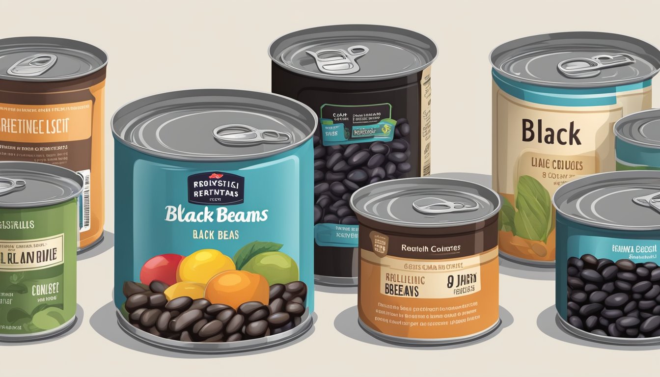 A can of black beans surrounded by other various cans, with the label clearly displaying the ounces