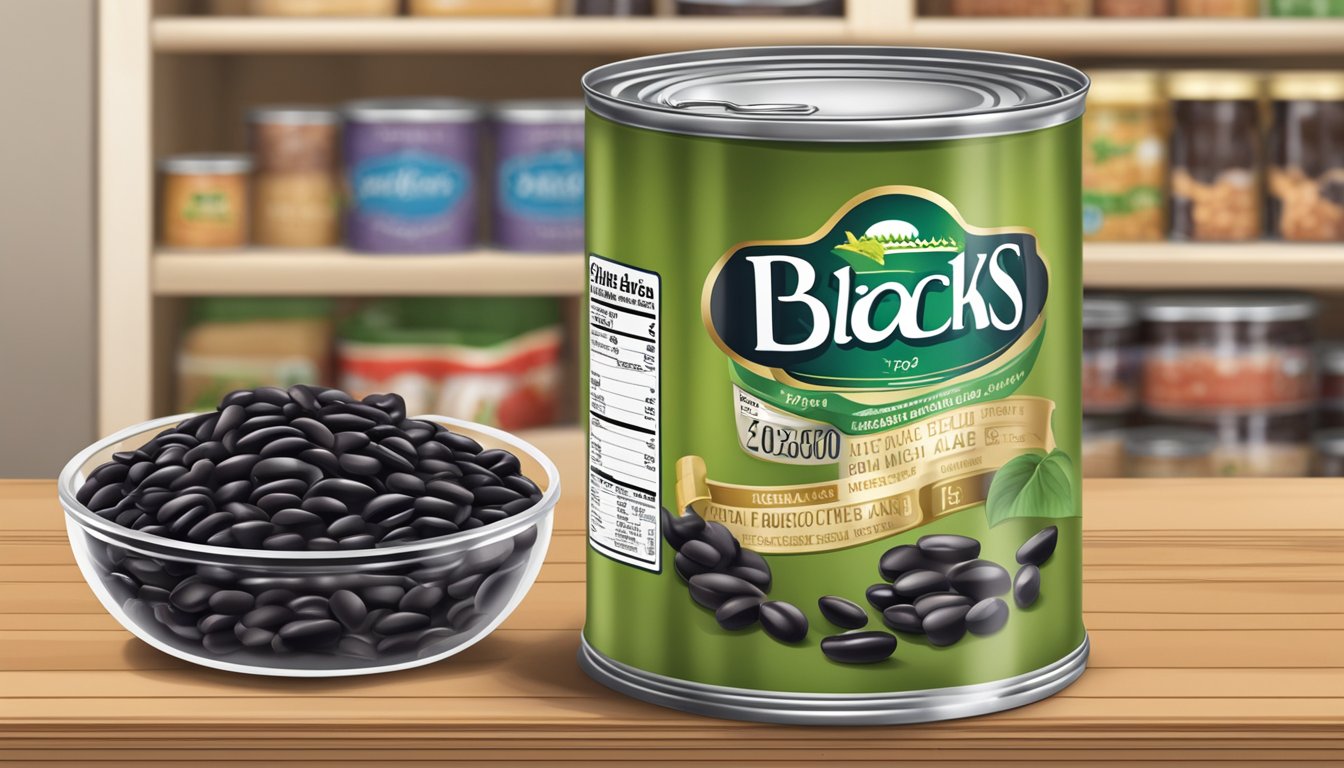 A can of black beans, labeled with its weight in ounces, sits on a pantry shelf