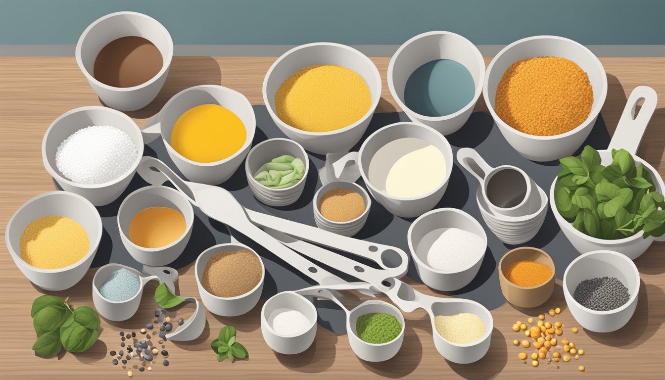 Measuring spoons and cups with ingredients halved on a clean, organized kitchen counter