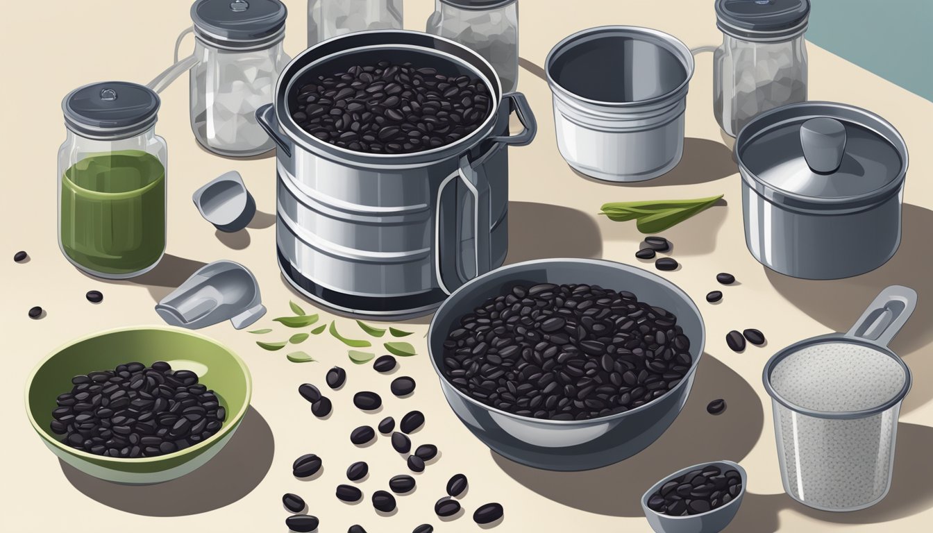 A can of black beans sits on a kitchen counter, surrounded by measuring cups and a scale. The can is open, and beans spill out onto the counter