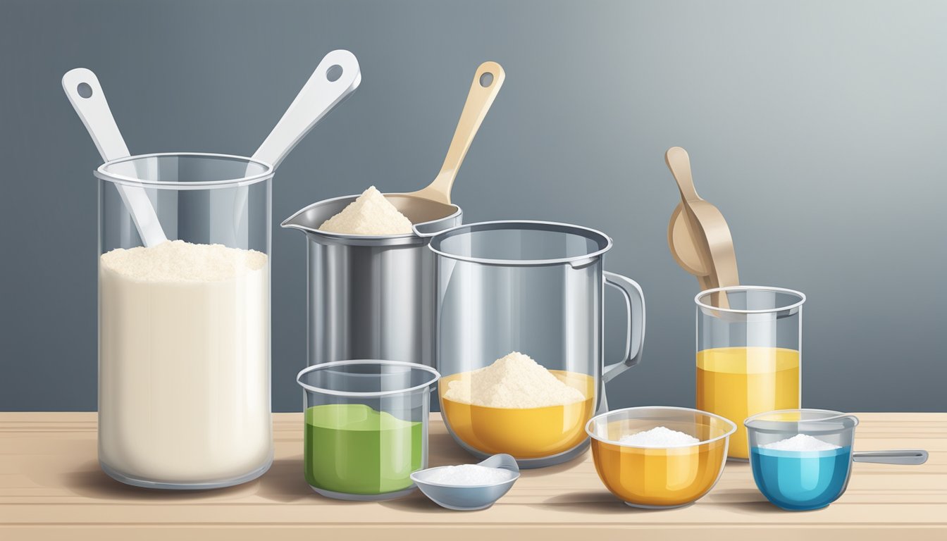 A measuring cup and spoons with half-filled flour and sugar containers next to a mixing bowl on a kitchen counter