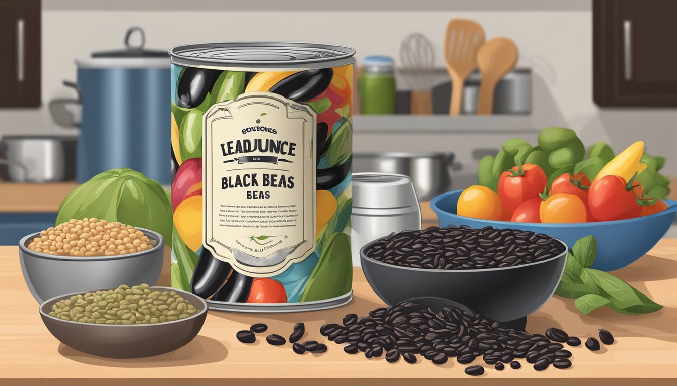 A can of black beans sits open on a kitchen counter, surrounded by fresh ingredients and cooking utensils. The label on the can reads "15 ounces."