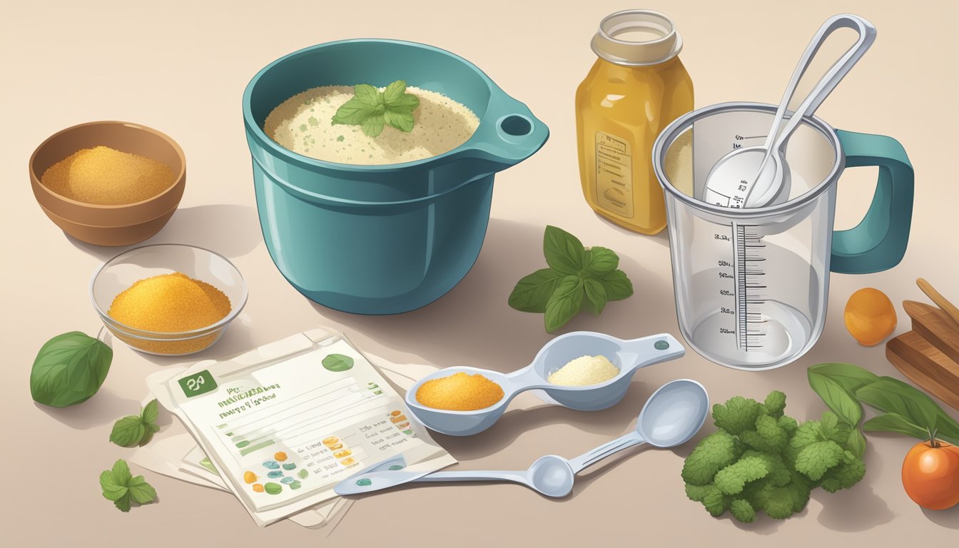 A measuring cup and spoon set on a kitchen counter, surrounded by ingredients and a recipe card, with a half-filled mixing bowl nearby