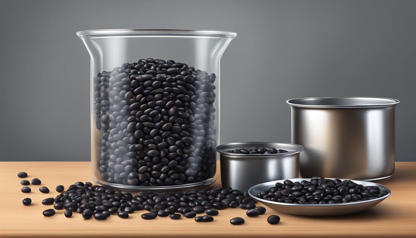 A can of black beans surrounded by loose black beans, a measuring cup, and a scale