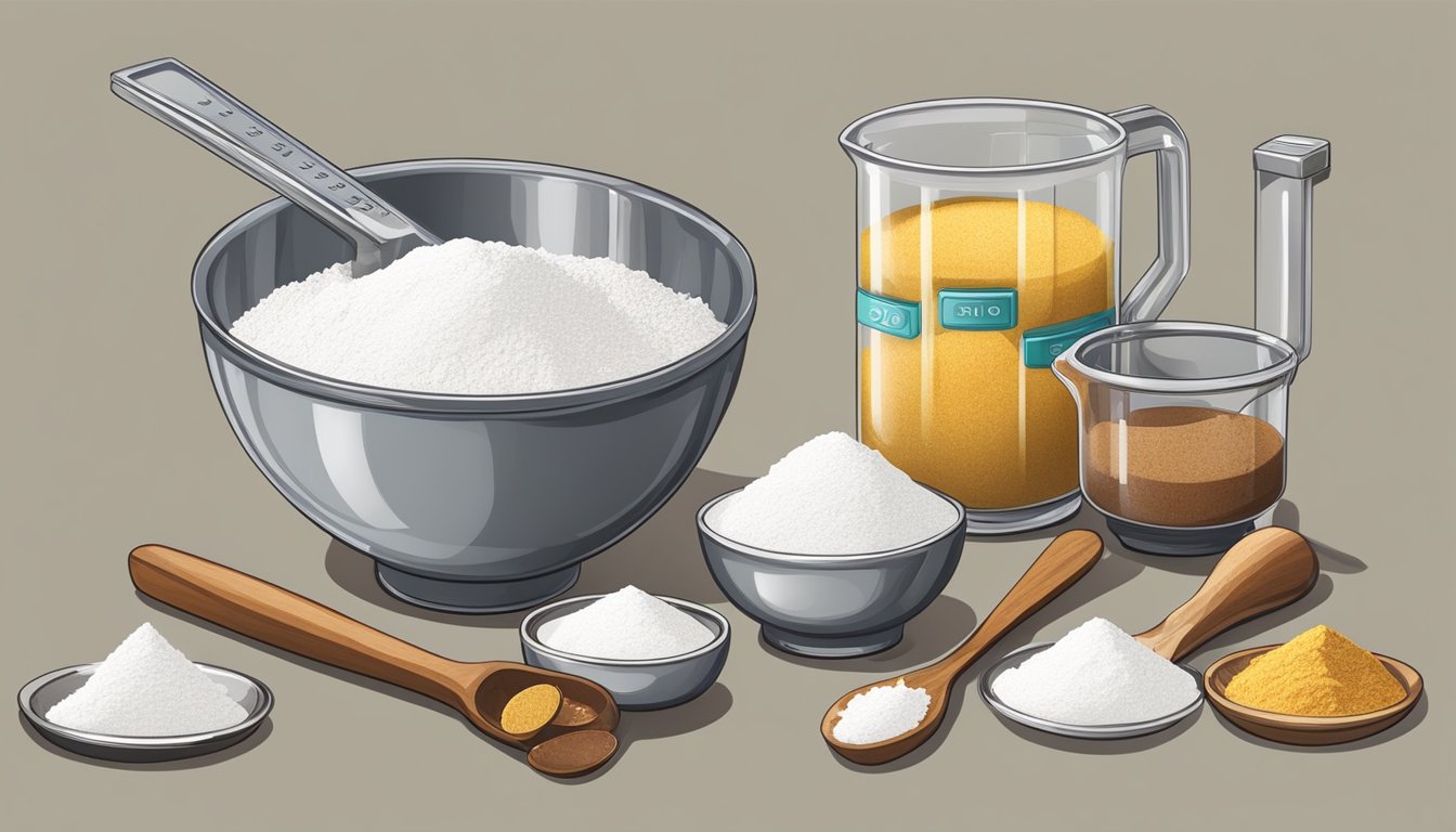 A measuring cup and spoons sit next to a mixing bowl with various ingredients laid out, including flour, sugar, and spices. A scale is also present for precise measurements