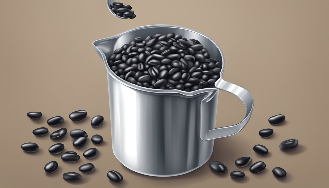 A can of black beans pouring out into a measuring cup, displaying the amount in ounces