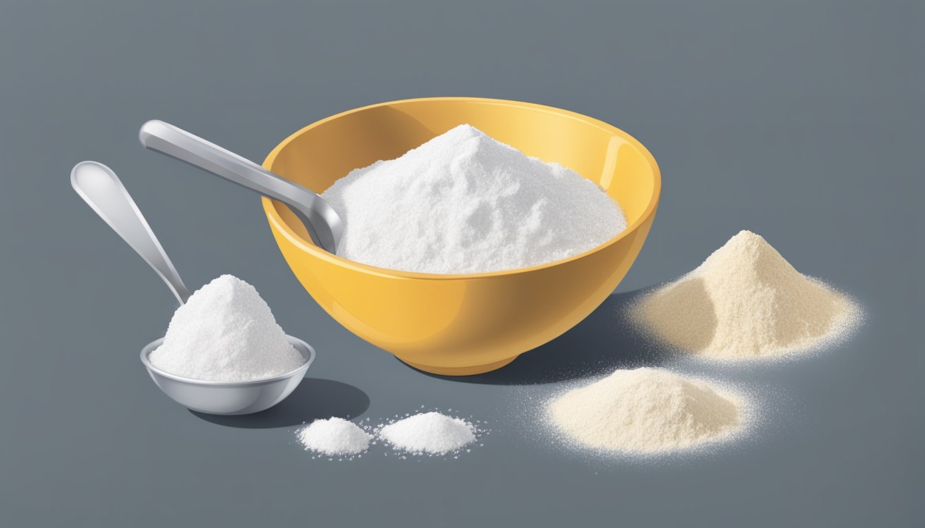 A measuring cup pouring half the amount of flour into a mixing bowl, alongside a measuring spoon adding half the amount of sugar