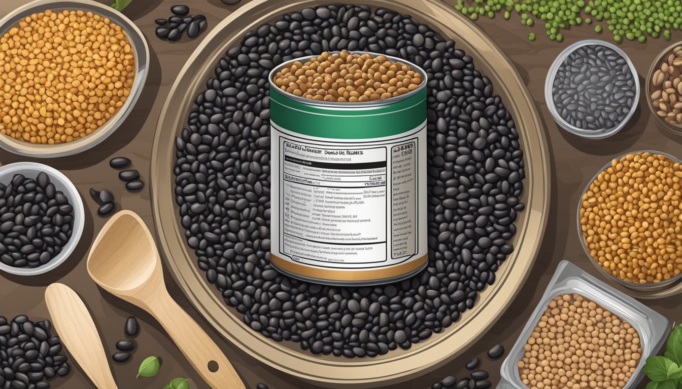 A can of black beans, surrounded by other legumes, with a measuring scale showing the weight in ounces