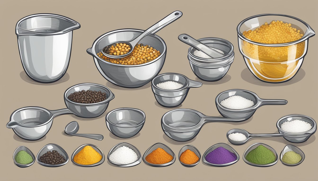 A set of measuring cups and spoons arranged next to a mixing bowl with various ingredients laid out in half the quantity typically used for a recipe