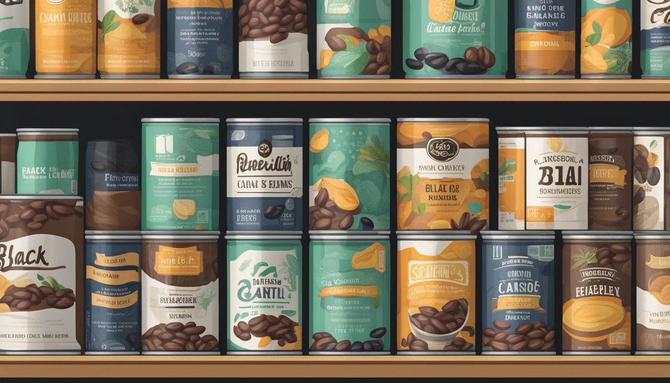 A can of black beans sits on a shelf, surrounded by other canned goods. The label indicates the number of ounces in the can