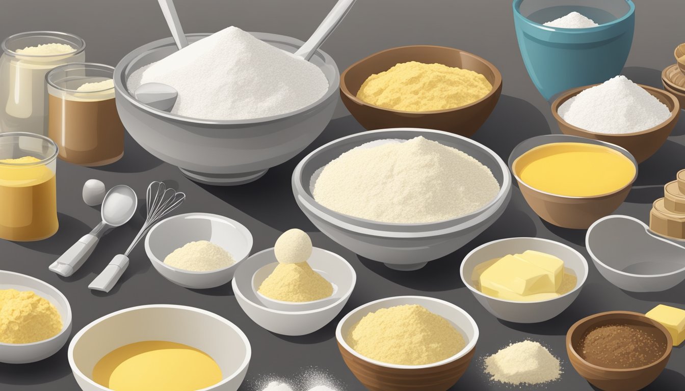 A table with measuring cups and spoons, surrounded by bowls of flour, sugar, and butter, next to a mixing bowl with a whisk