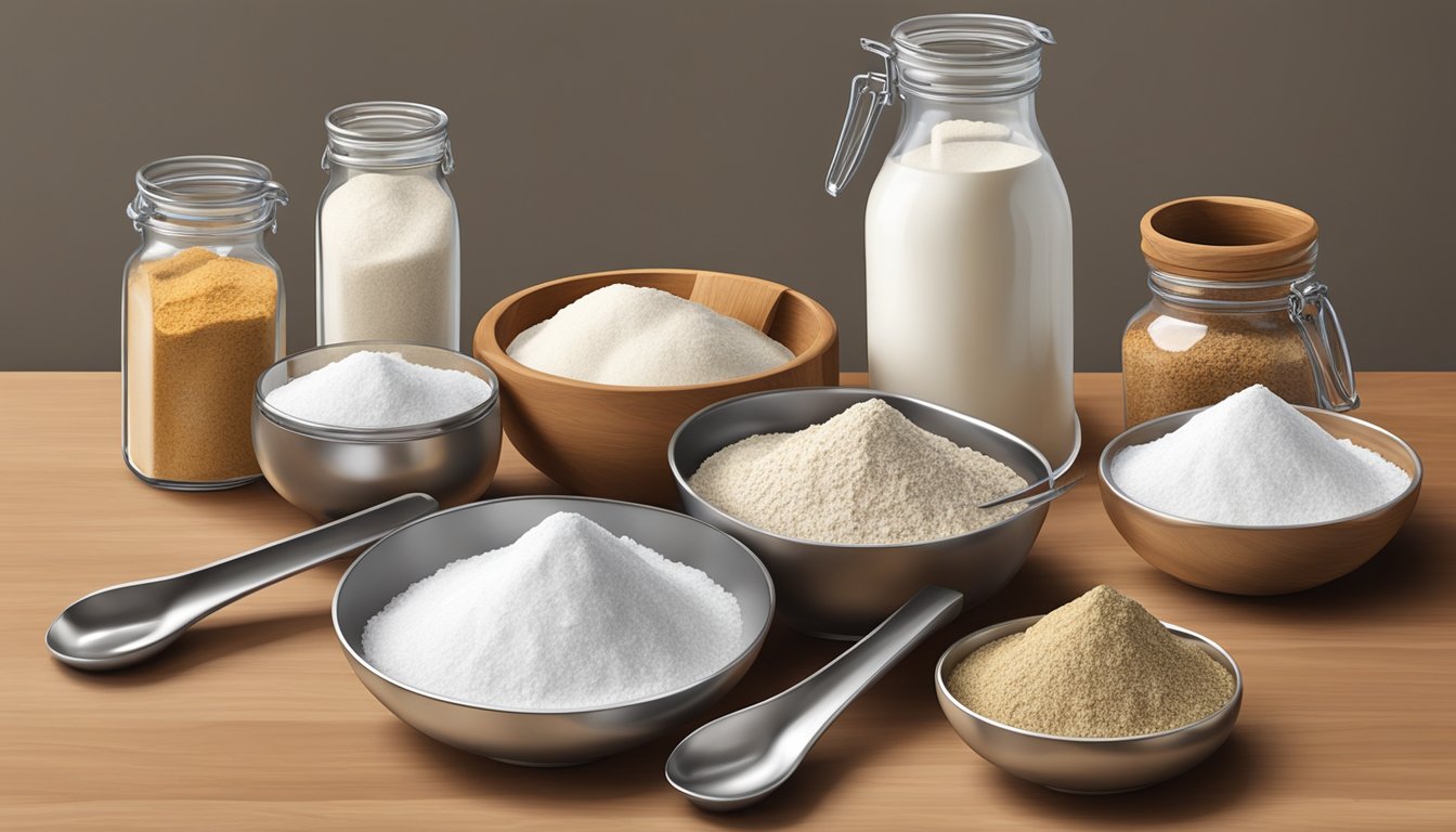 A set of measuring cups and spoons arranged next to a bowl of flour, sugar, and spices on a kitchen counter