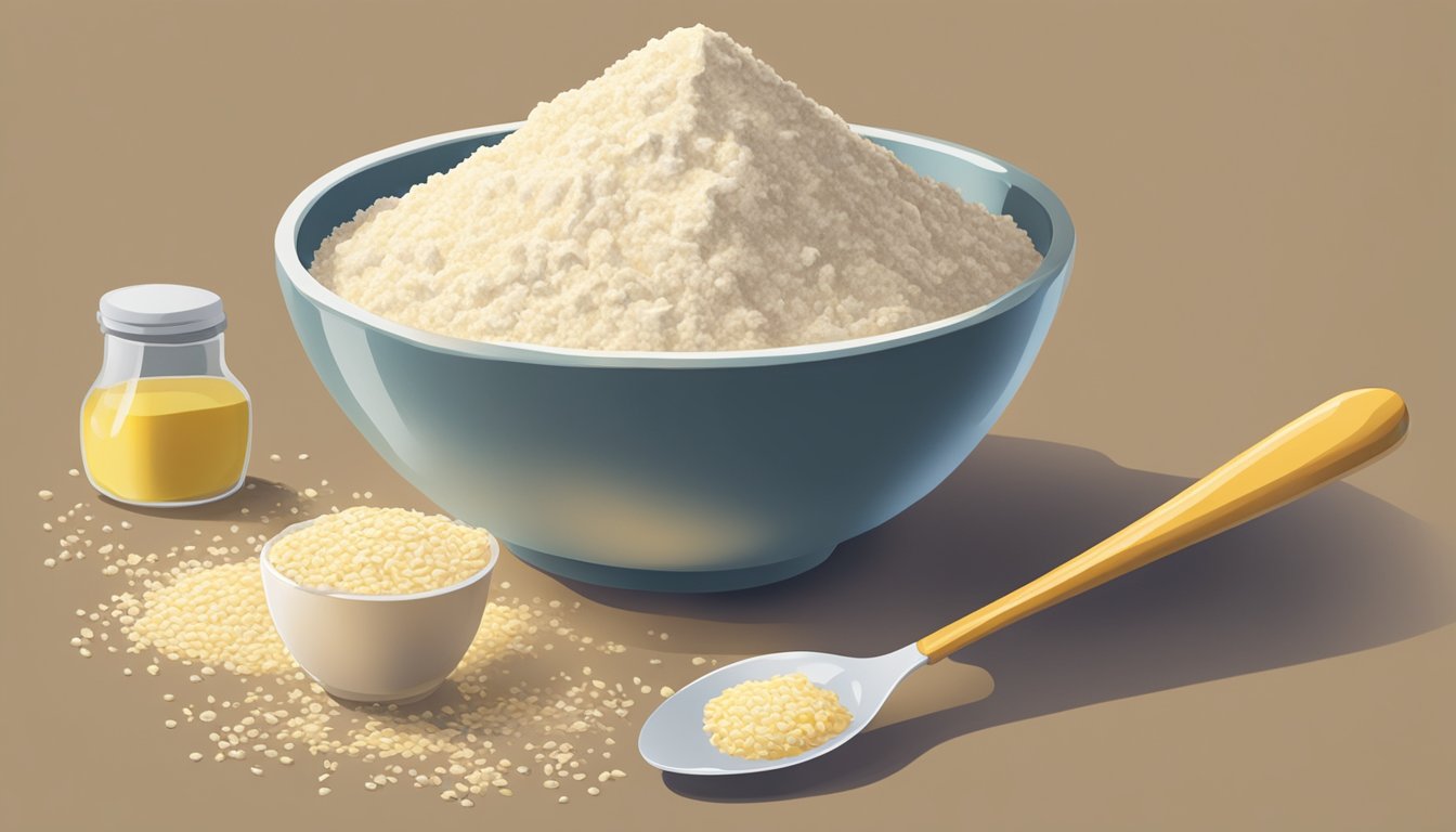 A bowl of flour, sugar, and butter being mixed with a fork. A measuring cup pouring out oats onto the mixture