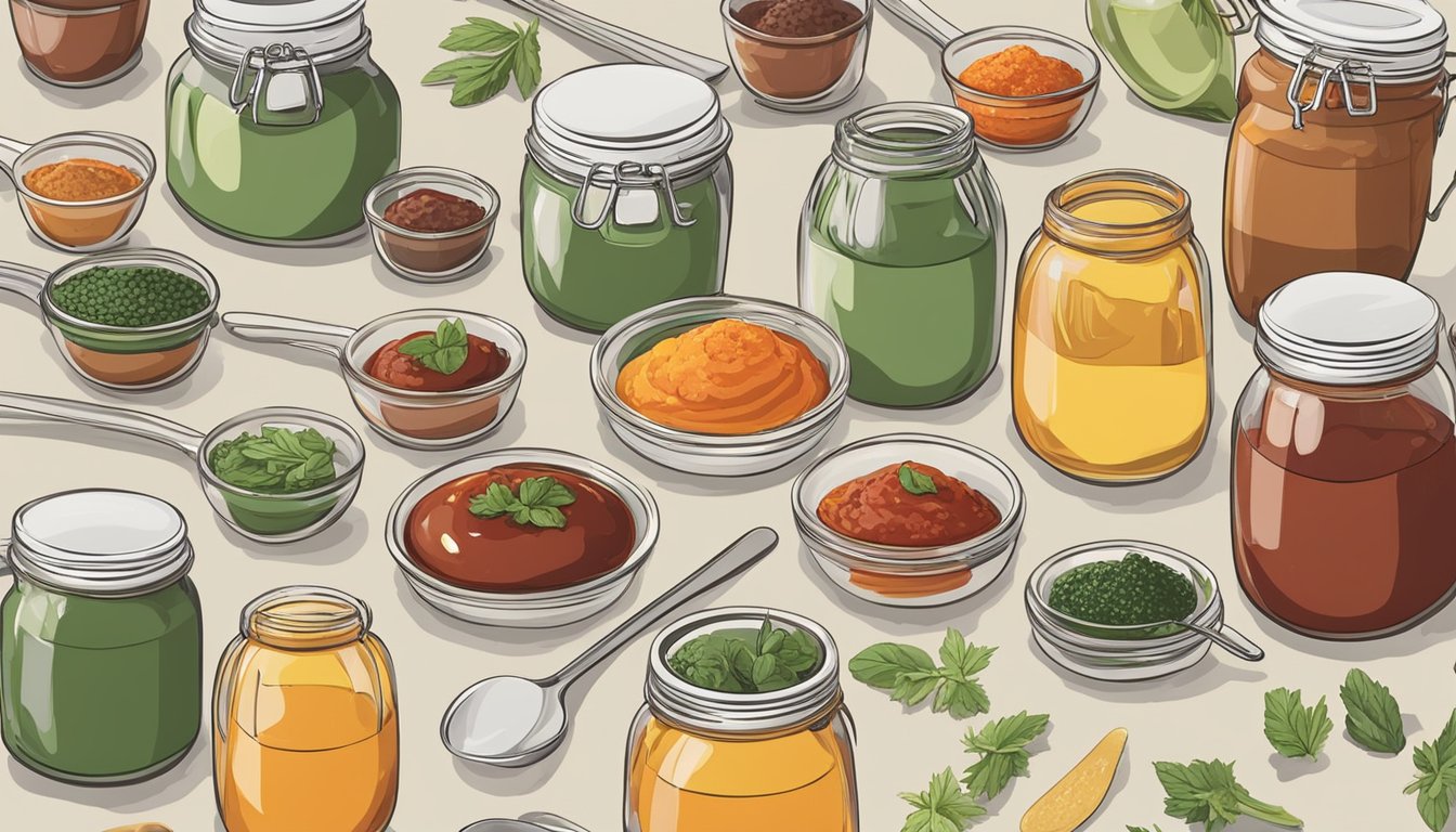 A set of measuring cups and spoons arranged on a clean countertop, surrounded by various jars and bottles of ingredients for a homemade sauce recipe