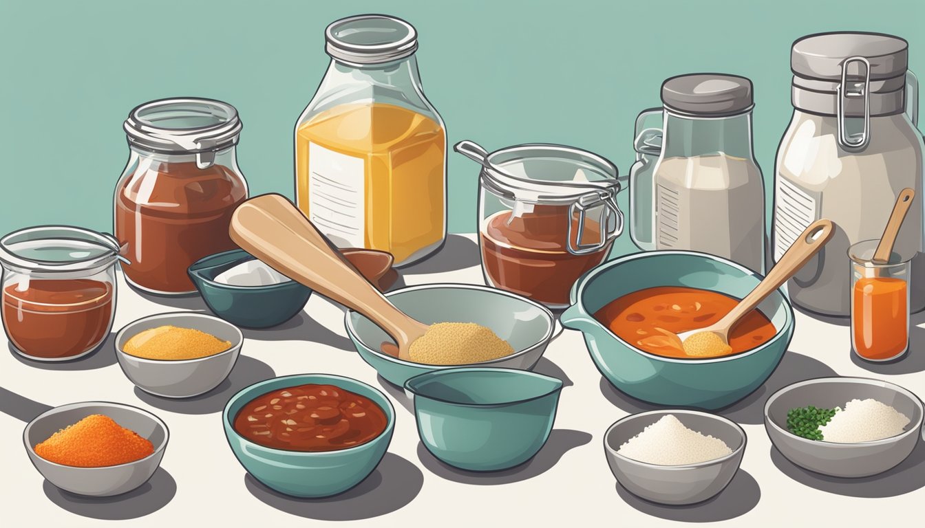 A set of measuring cups and spoons arranged neatly next to various ingredients for a homemade sauce recipe on a clean, well-lit kitchen counter