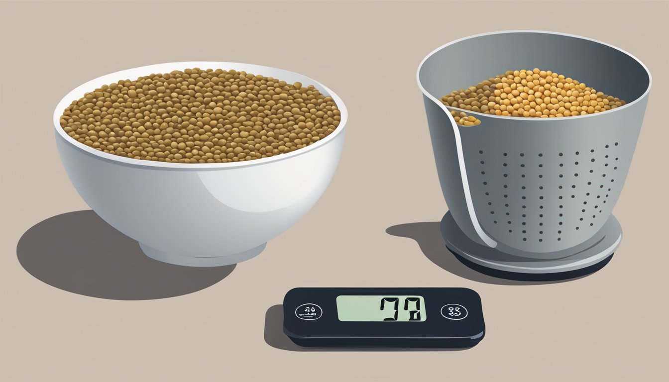 A measuring cup filled with dry lentils, next to a scale displaying one pound