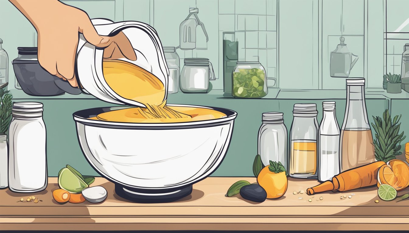 A hand pouring measured ingredients into a mixing bowl on a kitchen counter