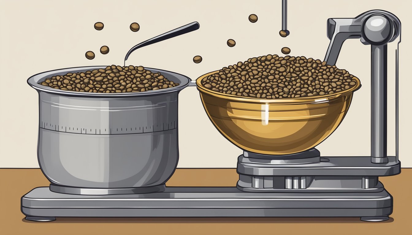 A measuring cup pouring dry lentils into a scale, with a pound weight displayed