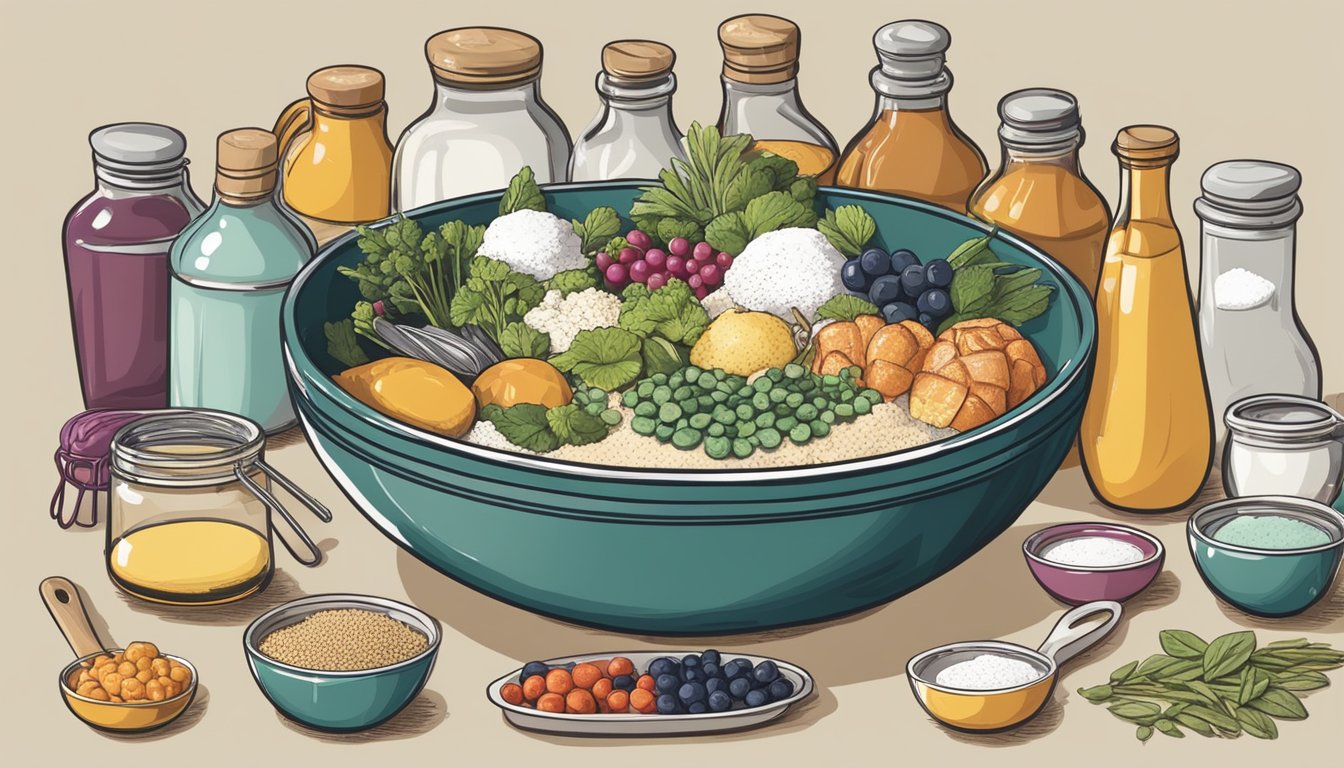 A hand pouring measured ingredients into a mixing bowl surrounded by various kitchen utensils and ingredients