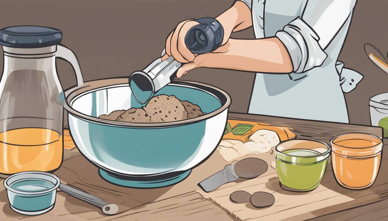 A hand pouring and measuring ingredients into a mixing bowl for a homemade muffin topping