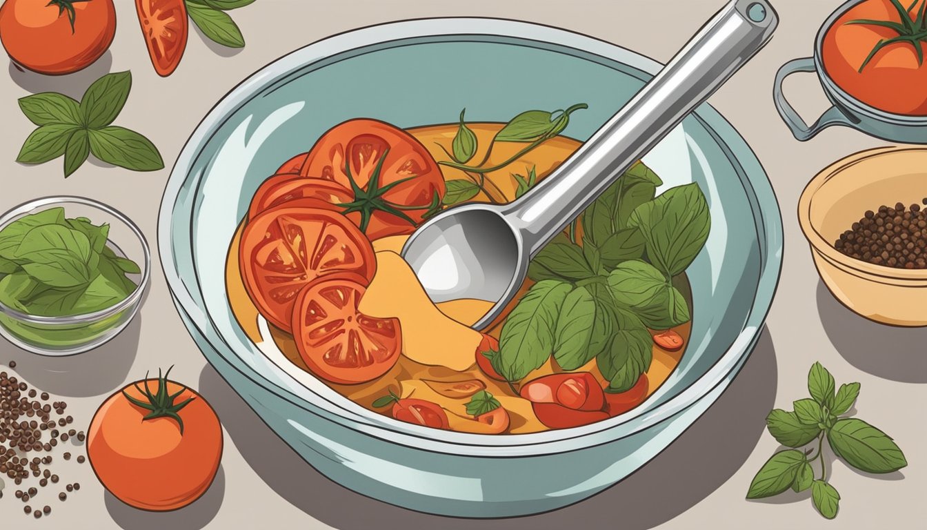 A hand pouring measured ingredients into a mixing bowl. Ingredients include tomatoes, herbs, and spices. A measuring spoon and cup are visible