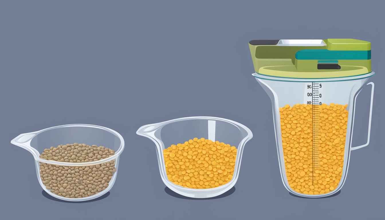 A measuring cup filled with dry lentils, alongside a digital scale displaying the weight in pounds