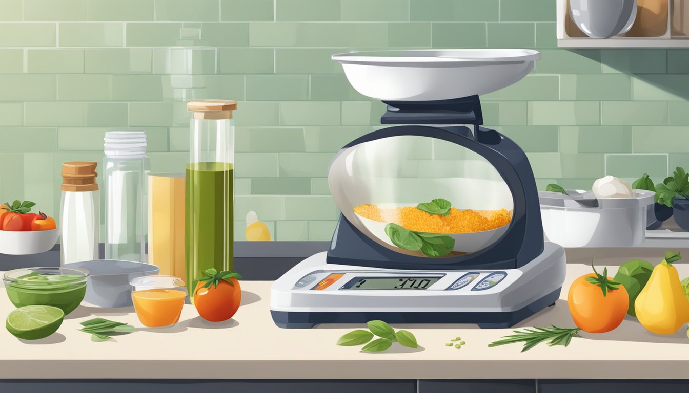 A kitchen scale with assorted ingredients being measured for a sauce recipe on a clean, well-lit countertop