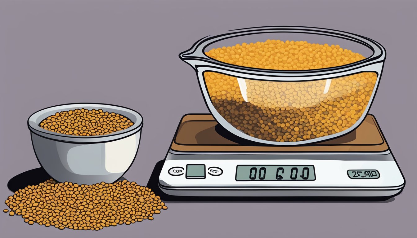 A measuring cup filled with dry lentils, next to a scale displaying one pound