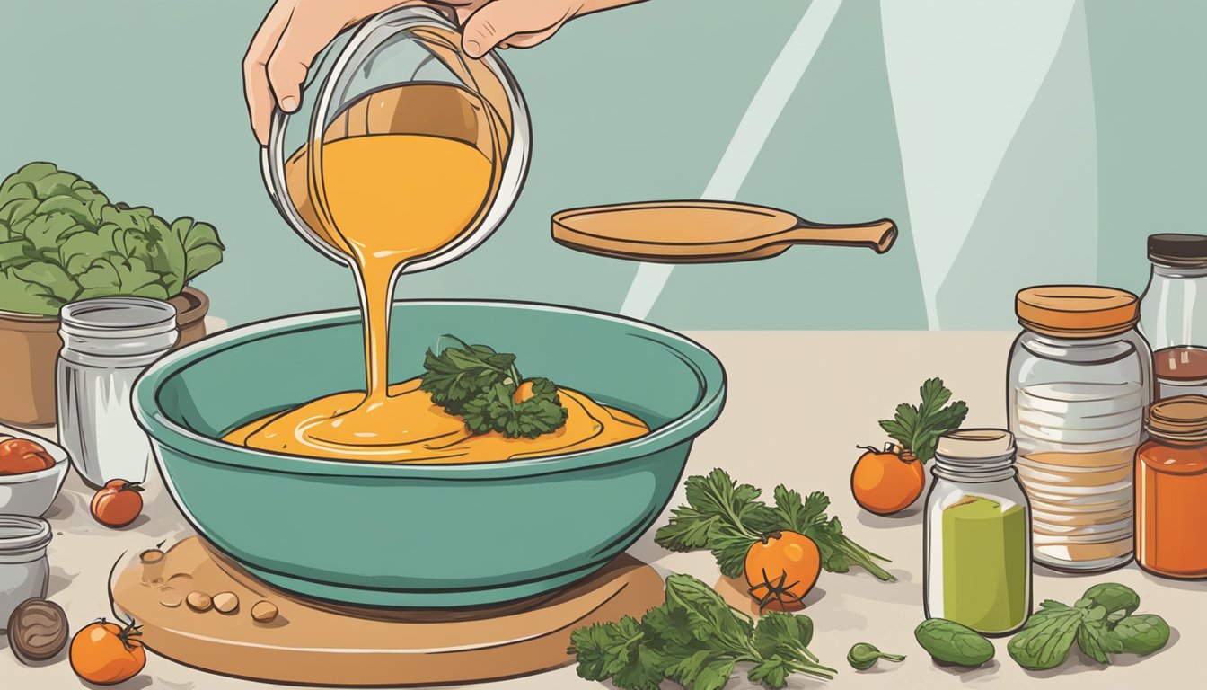 A hand pouring measured ingredients into a mixing bowl for a homemade sauce