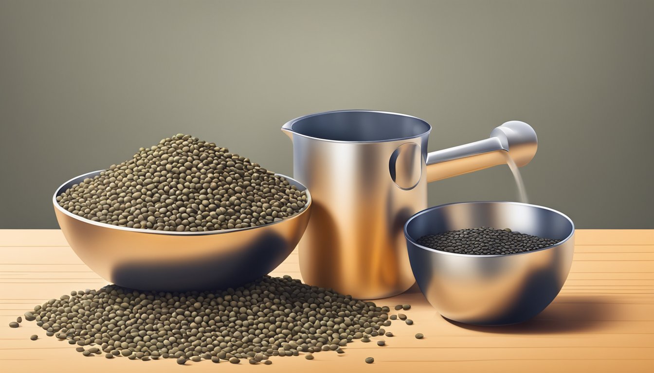 A pile of dry lentils spilling out of a measuring cup, with a pound weight nearby