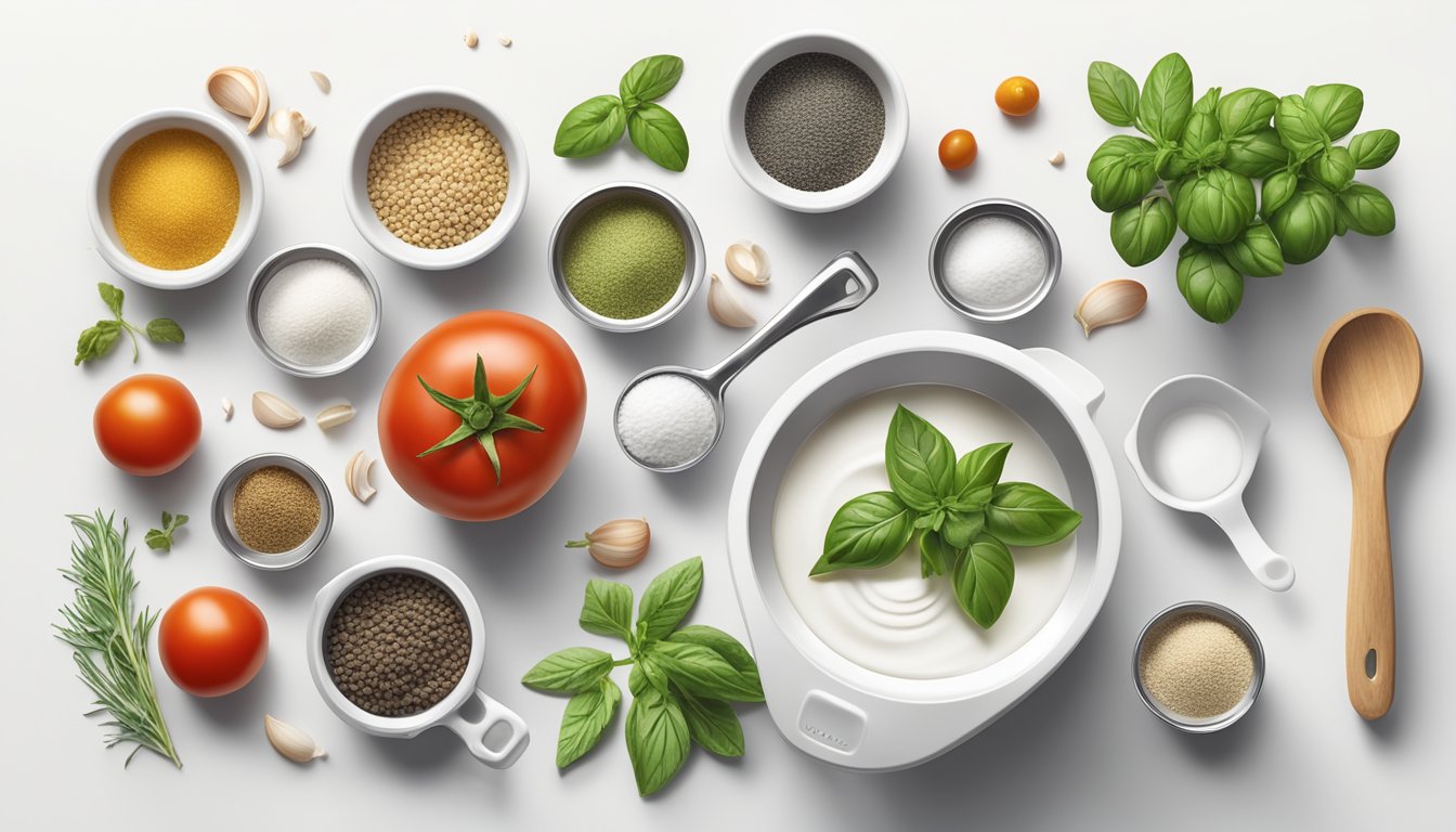 A set of measuring cups and spoons arranged on a clean, white countertop next to various ingredients such as tomatoes, garlic, and herbs