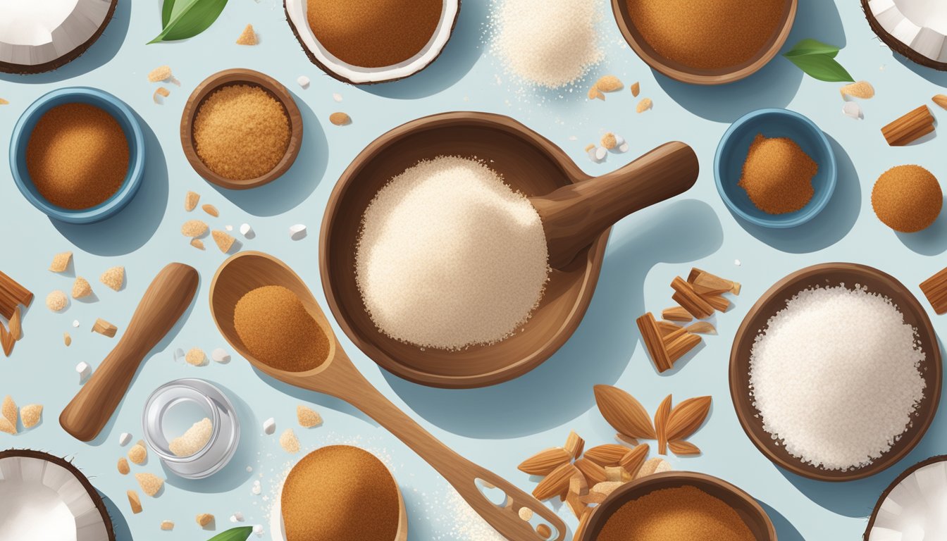 A pound of coconut sugar pouring into a measuring spoon, surrounded by various baking ingredients and utensils