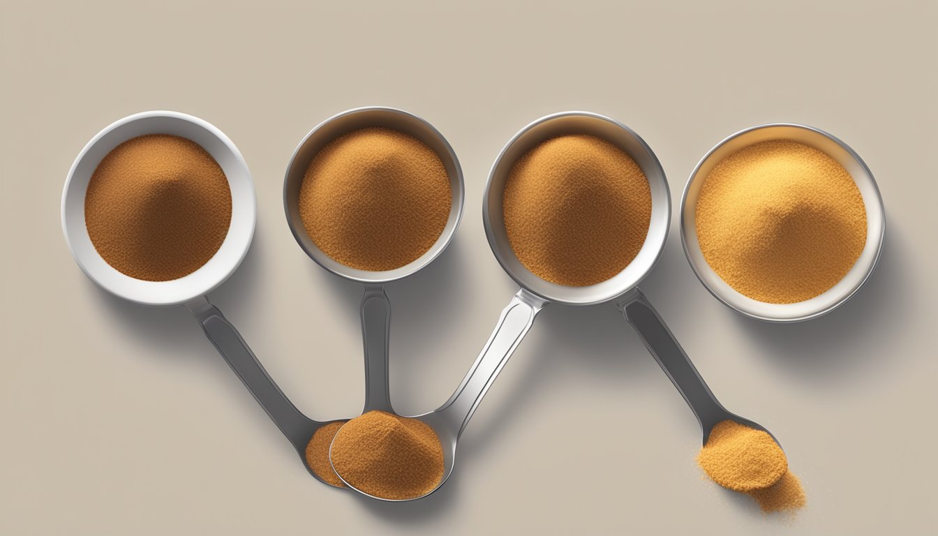 A pound of coconut sugar pouring into a measuring spoon, with additional spoons lined up next to it for comparison