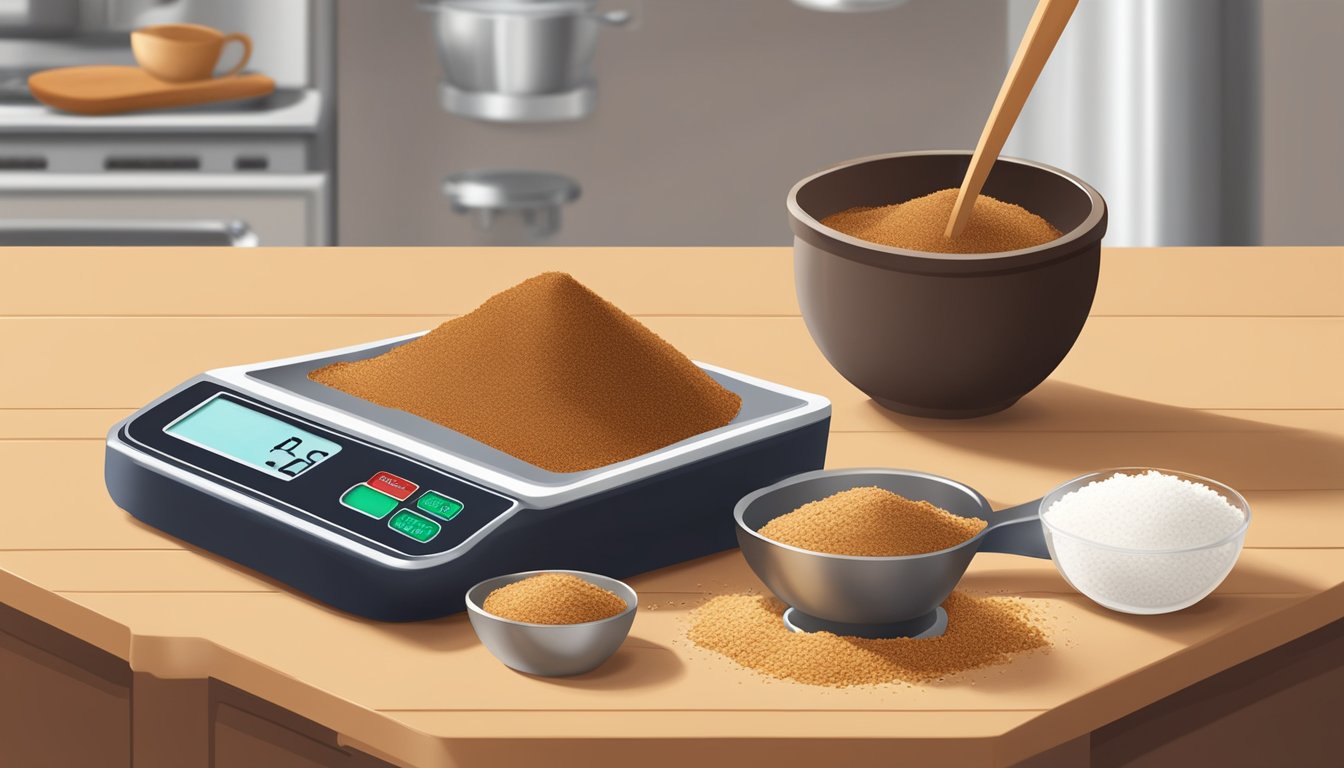 A pound of coconut sugar spilling from a measuring cup onto a kitchen scale, with a pile of tablespoons nearby