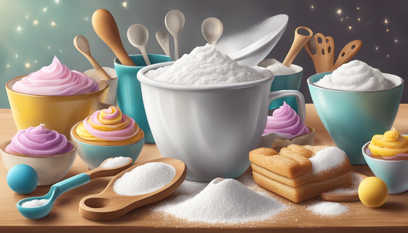 A pound of icing sugar pouring into a measuring spoon, surrounded by various baking tools and ingredients