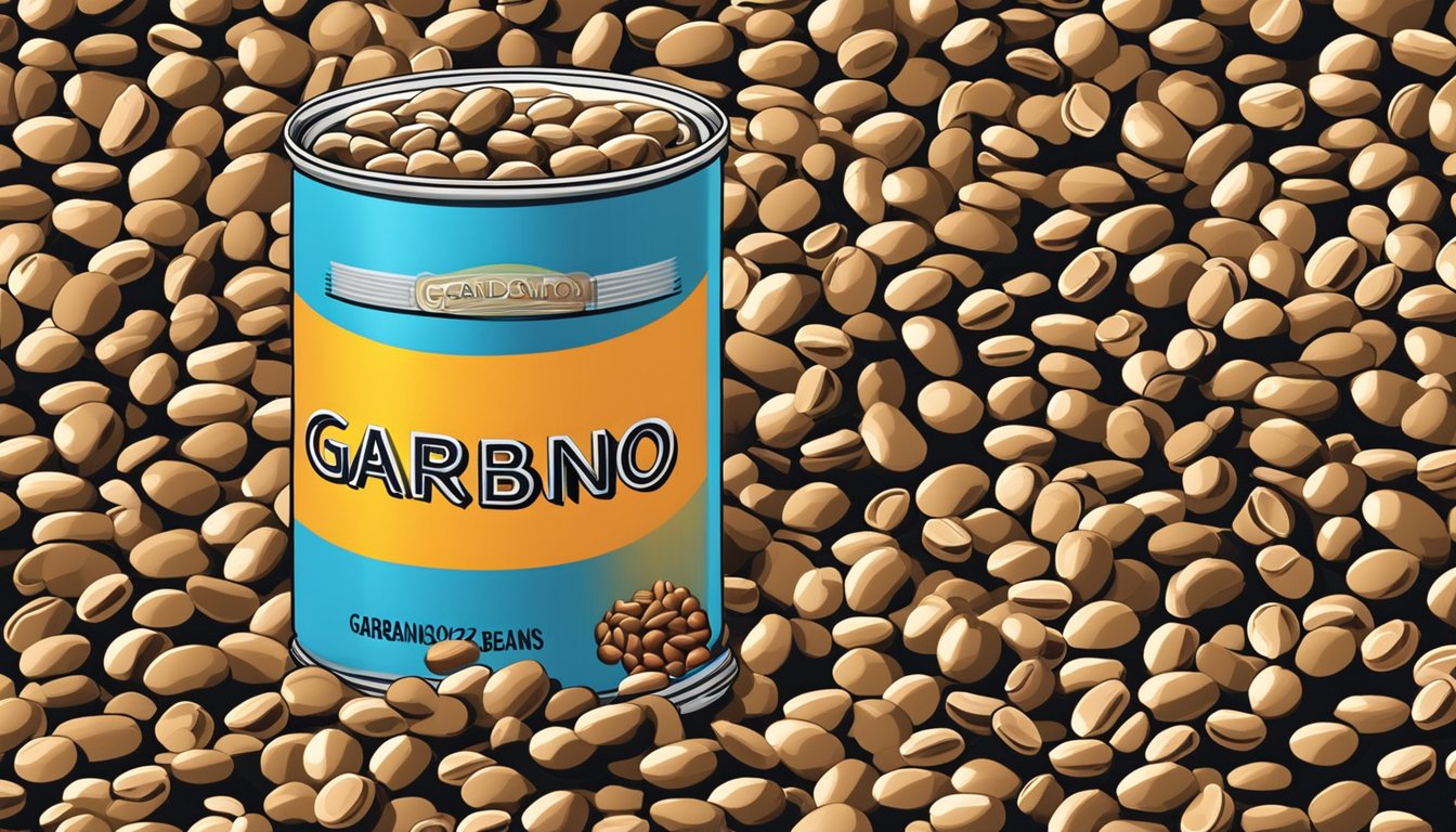 A can of garbanzo beans, open with beans spilling out, surrounded by other cans of various types of beans