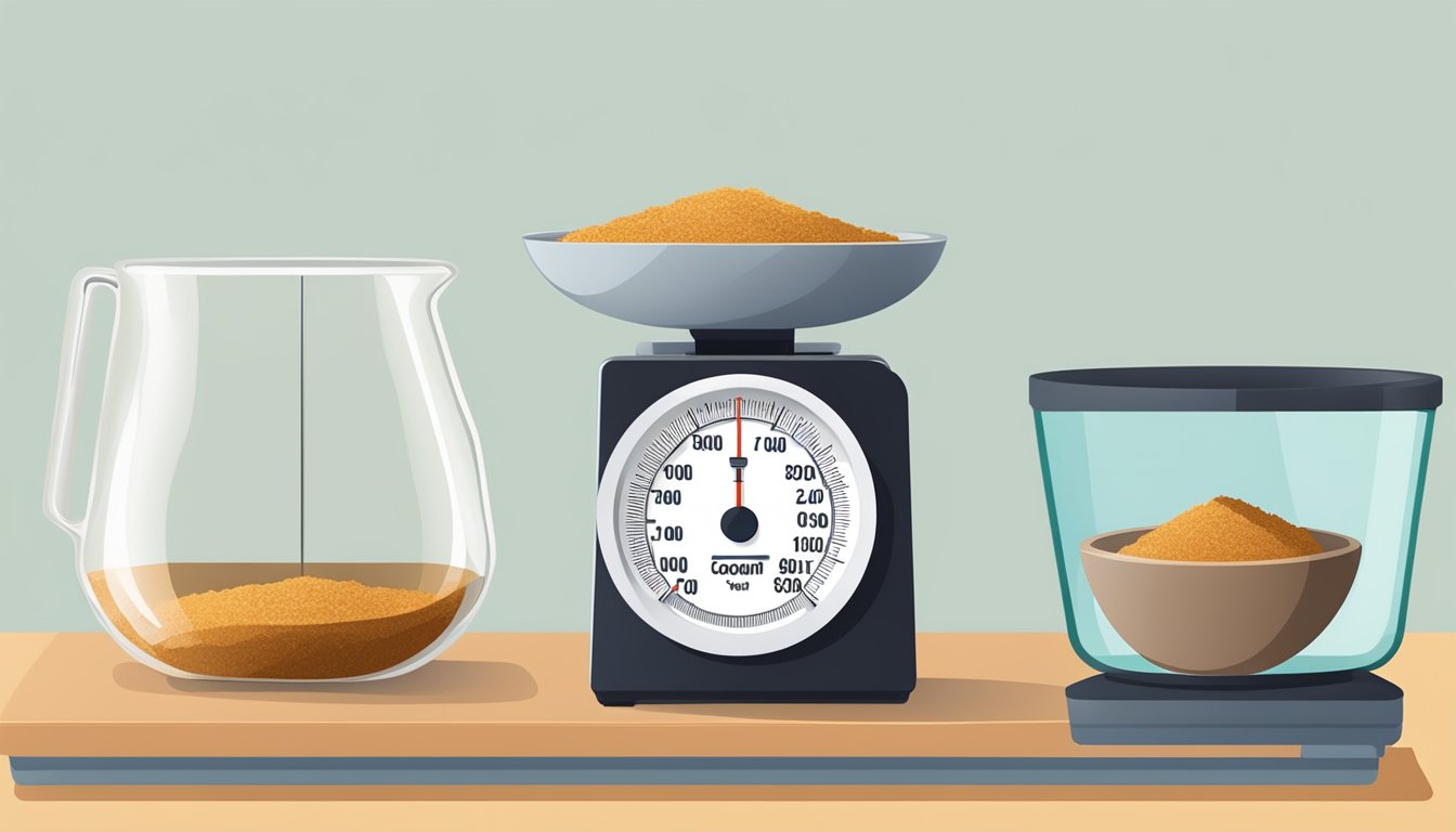 A measuring cup filled with coconut sugar, next to a digital scale displaying one pound