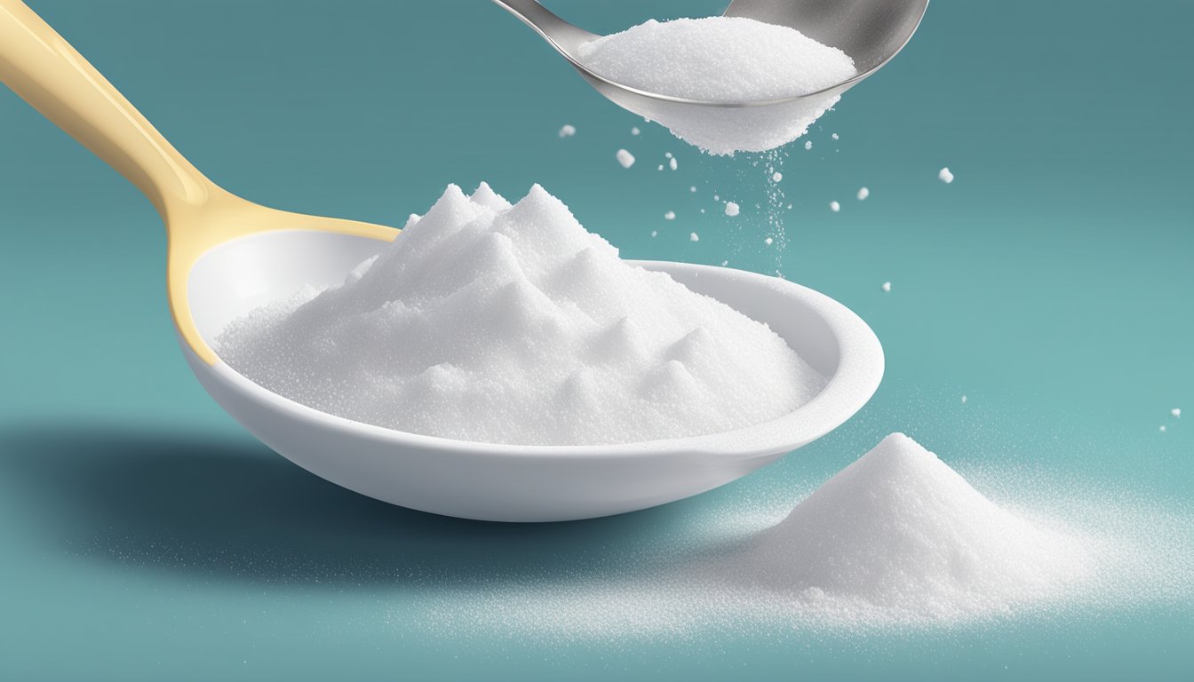 A pound of icing sugar pouring into a measuring spoon, with several empty spoons nearby